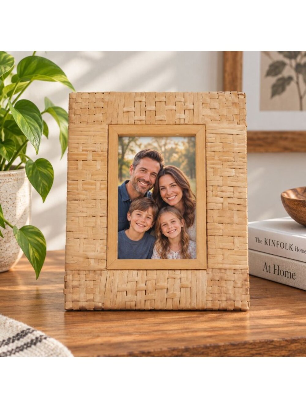 Woven Rattan & Wood Picture Frame Rustic Natural Finish Tabletop Or Wall Display